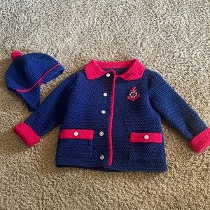 Unique Vintage Girls heavy navy & red hand knitted sweater/coat. Sz 3/4?